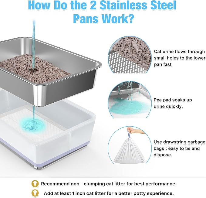 23.6" x 15.7" x 6" Stainless Steel Litter Box with Litter Box Enclosure Splash Guard for Big Cats, Multi-Cats, High Sided Sifting Litter Box for Non-clumping Litter, Easy Cleaning for Long-Lasting