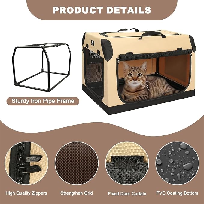 X-ZONE PET 3-Door Portable Soft-Sided Folding Soft Dog Travel Crate Collapsible Pet Kennel,XX-Large, 40 x 27 x 27 Inches,Tan