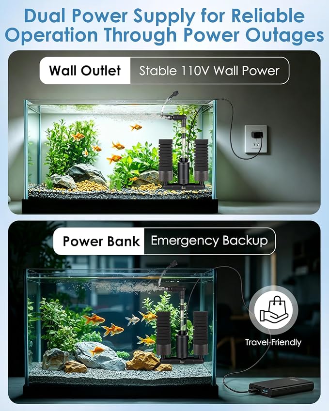AQQA USB Electric Sponge Filter for Aquarium, No Air Pump Needed Submersible Fish Tank Filter with Bio Ceramic Media & 110V Adapter, Quiet 360° Rotatable Outflow for Betta Shrimp Fry Breeding Tank