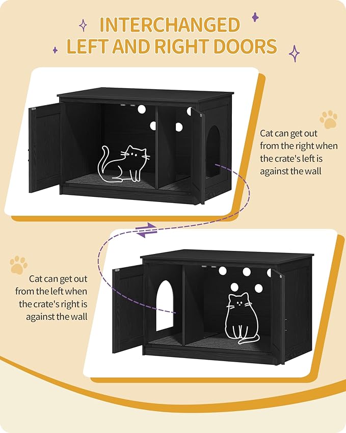 Hzuaneri Cat Litter Box Enclosure with Cushion, Hidden Litter Box Furniture with Removable Dividers, Reversible Entrance Left or Right Side, Cat House, Black CB84604X