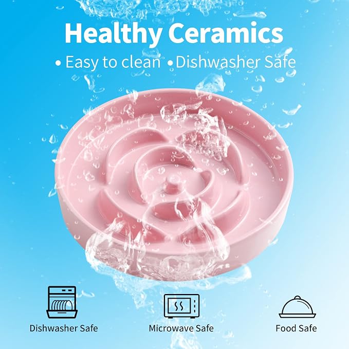 8.66 in Pink Ceramic Slow Feeder Dog Bowl for Medium and Large Breed,Pet Feeding Dog Food Water Dish Heavy Weighted,Puppy Bowl for Fast Eaters,Puzzle Slow Eating Dish Modern Cute