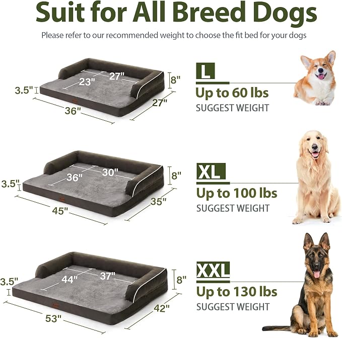 Orthopedic Dog Beds for Large Medium Sized Dogs, Waterproof Egg Crate Foam Large Dog Couch Beds with Comfy Bolster 36x27Inch, Washable Pet Beds with Removable Cover, Dark Green