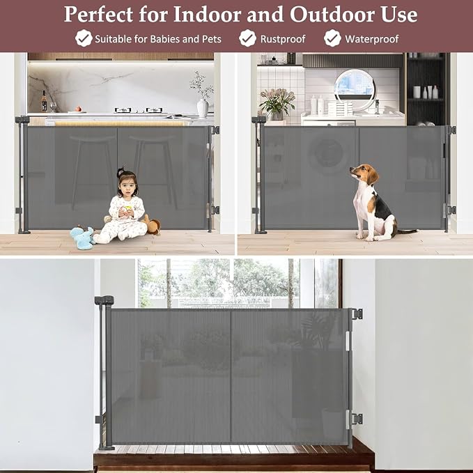 Reinforced 41 Inch Extra Tall Retractable Baby Gate 55" Wide Mesh Baby Gate Retractable Pet Gate with Support Rods – Prevents Crawling Under, Indoor Retractable Gate Outdoor Extra Tall Pet Gate, Gray