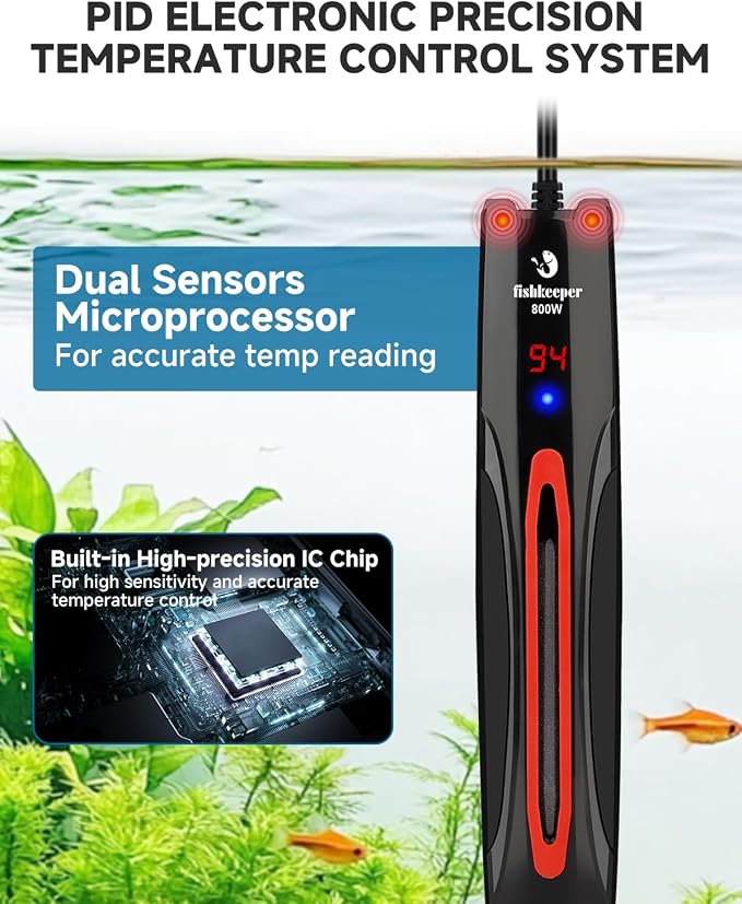 fishkeeper 800W Adjustable Submersible Aquarium Heater - PID Electronic Smart Thermostat Fish Tank Heater with Out-of-Water/Run-Dry/Overheat/Low-Temp Safrty Protection for 40-220 Gallon Fish Tanks