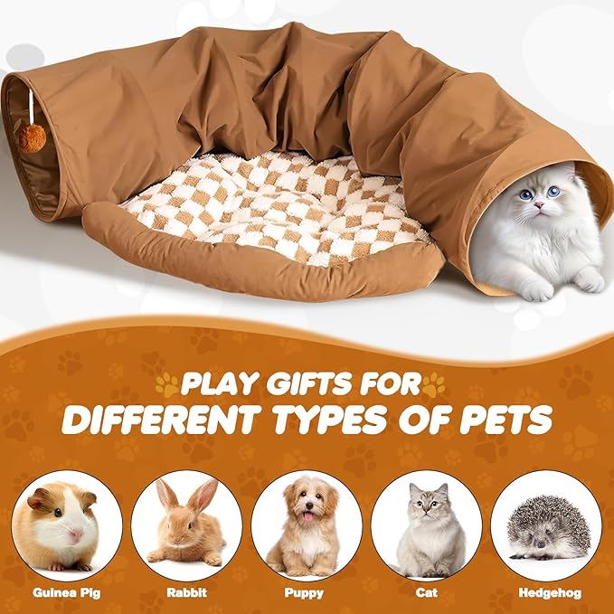 Spardar Bunny Tunnel Bed, 2-in-1 Collapsible Tunnel Tubes Toys, Washable, with Removable Mat Hideout, Interactive Toys for Rabbits Chinchilla Hedgehog Guinea Pigs Kitty, Khaki
