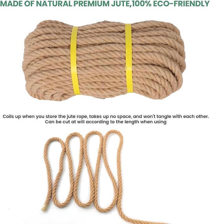 Jute Rope 1/2in100ft Natural Material Heavy Duty Jute Rope Twisted for Indoor Outdoor Crafts, Nautical, Tug of War, Railing, Hammock, Swing, Gardening