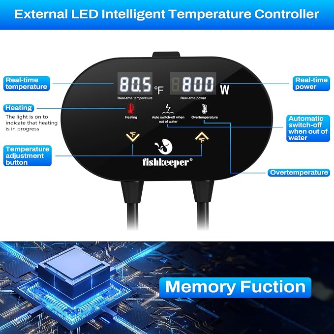 fishkeeper Aquarium Heater with Intelligent LED AlarmTemperature Controller, 800W Submersible Fish Tank Heater for 85-220 Gallon, Leaving Water Automatically Stop Heating, for Freshwater Saltwater
