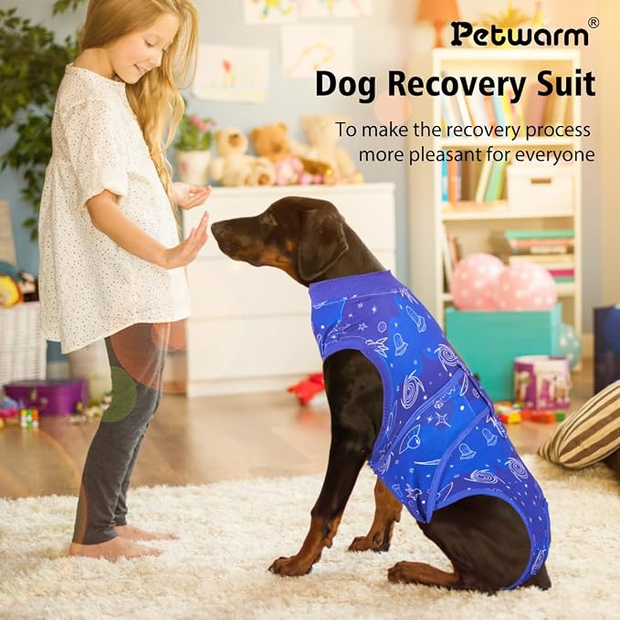 PetWarm Dog Recovery Suit Male, Cone of Shame Alternatives Onesie for Dogs, Professional Dog Abdominal Wounds Bandages Anti-Licking Surgical Suit for Dogs Female, Cosmic Pattern, Blue, M