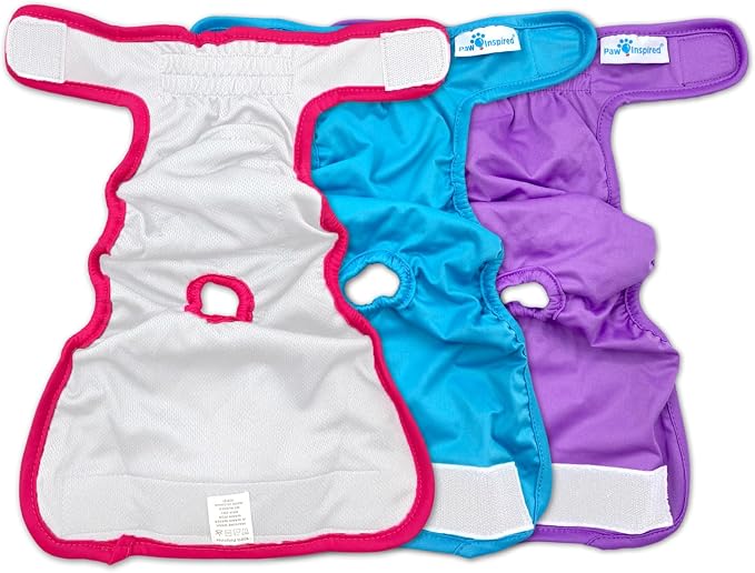 Paw Inspired Reusable Washable Dog Diapers (Pack of 3) in Assorted Colors with White Lining and Dog Diaper Suspenders in Black Combo Pack (Small)