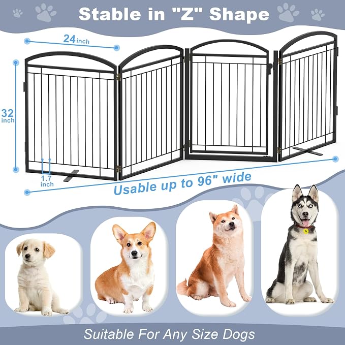 Full Metal Free Standing Dog Gate with Door for Outdoor Indoor,96'' Extra Wide 32'' Tall Dog Gate for The Doorways,Large Openings,Decks,Porch,Pet Freestanding Safety Fence(4 Panels,Black)