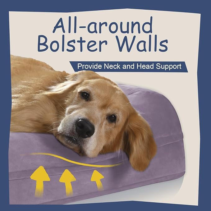 Medium Orthopedic Dog Beds, Large Waterproof Dog Bed with Removable Cover, 4-Sides Bolster Support Pet Soft Sofa, Washable Pet Beds for Large Dogs, Purple