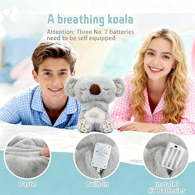 rytopt Breathing Stuffed Animal, Simulated Breathing Sounds, 4 Gear Adjustment, Volume Control, Plush Toy with Music & Light (Koala)