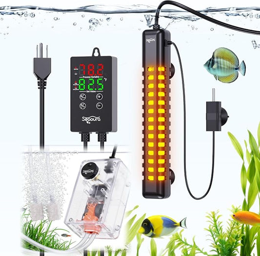 SEAOURA Submersible Fish Tank Heater, 200 Watt Aquarium Heaters and Adjustable 3W Fish Tank Air Bubbler Aquarium Aerator Air Pump for 25-45 Gallon