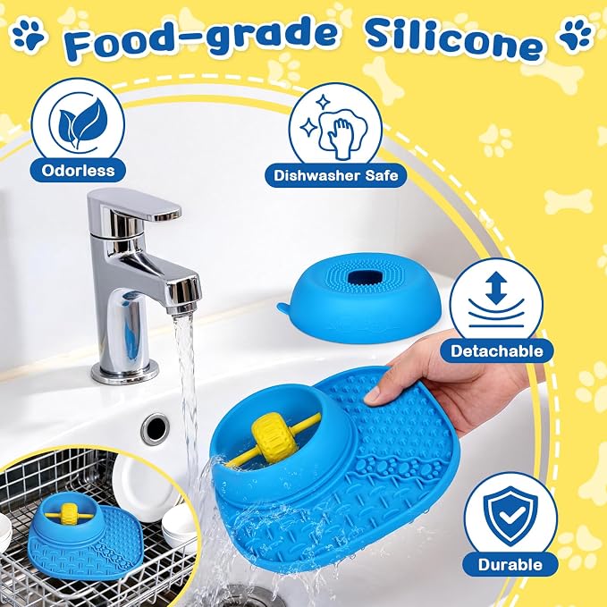 Dog Licking Bowl with Rolling Ball - 2-in-1 Anti-Slip Slow Feeder Dog Bowls w/Lick Mat for Liquid and Thick Treat, 150ml Licking Bowl for Anxiety Relief, Fits Small Medium Large Dogs & Cats Blue 1Pcs