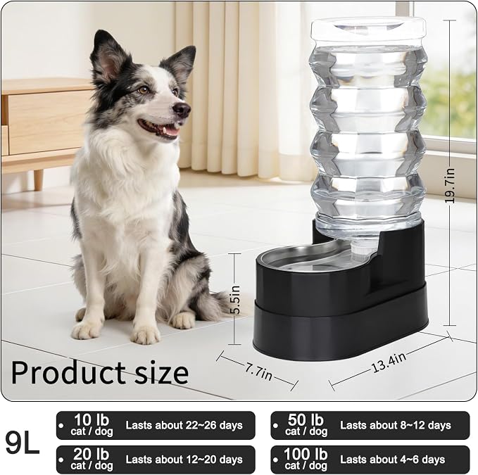 RIZZARI Elevated 9L Stainless Steel Pet Water Dispenser – Gravity Auto Refill Waterer with Anti-Spill Design for Large Dogs & Senior Pets, Healthy Hydration for Indoor Home & Garage Use