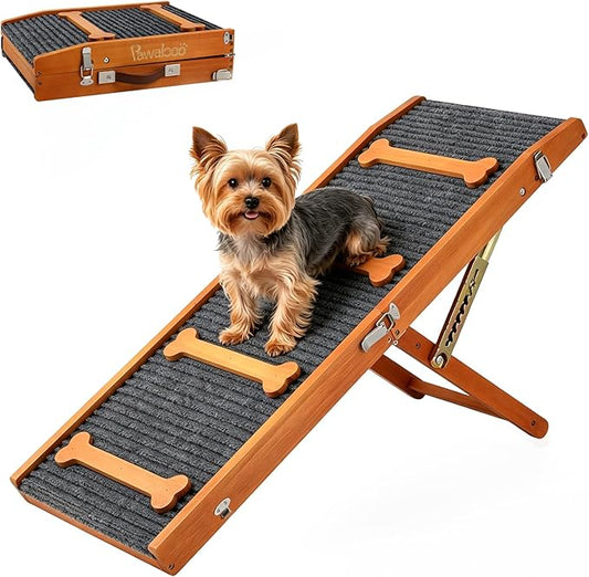 Pawaboo 2026 Upgraded Dog Ramp for Couch, Foldable Small Dog Ramp for Sofa with 7 Adjustable Heights from 2.2'' to 18.5", Portable Non-Slip Pet Ramps for Couch Sofa, Walnut