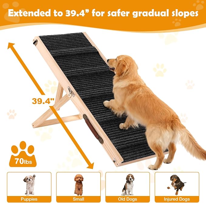 39" Long Dog Ramp for Bed, Couch & Car - 5 Level Adjustable Height (10.4" to 24.4"), Foldable Portable Wooden Pet Ramp with Non-Slip Surface, for Small & Old Dogs Up to 70 LBS