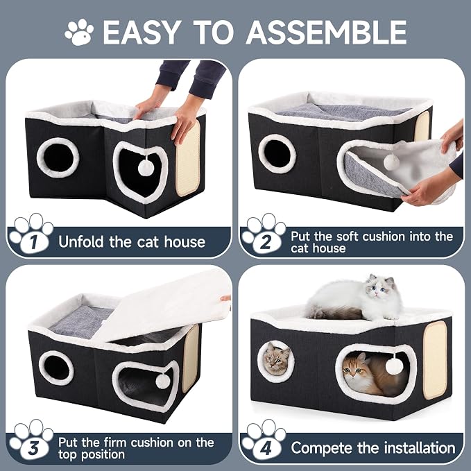 Cat Beds for Indoor Cats, Extra Wide Cat Cube House for Multi Cats, Foldable Cat Cave Hideaway with Arc-Edge Design & Oval Door, Double-Side Soft Cushion for All Seasons, 24"L x 17.7"D x 12.6"H, Black