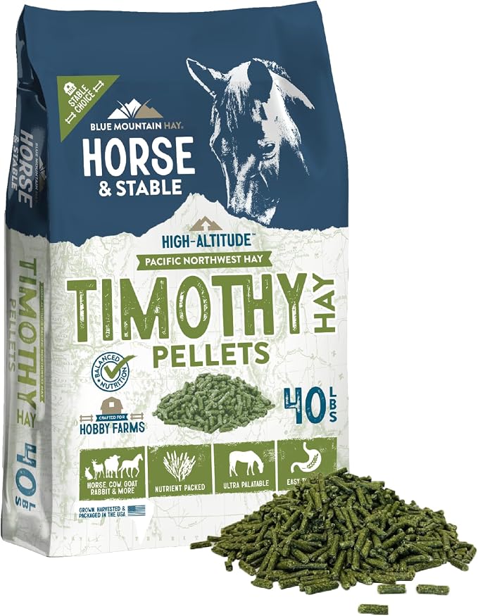 Blue Mountain Hay High Altitude Timothy Hay Pellets (40 lb), Ultra Premium Nutrient Dense Forage, Small Quick Soaking Low Dust Pellets, Easy to Measure, Automatic Feeder Friendly