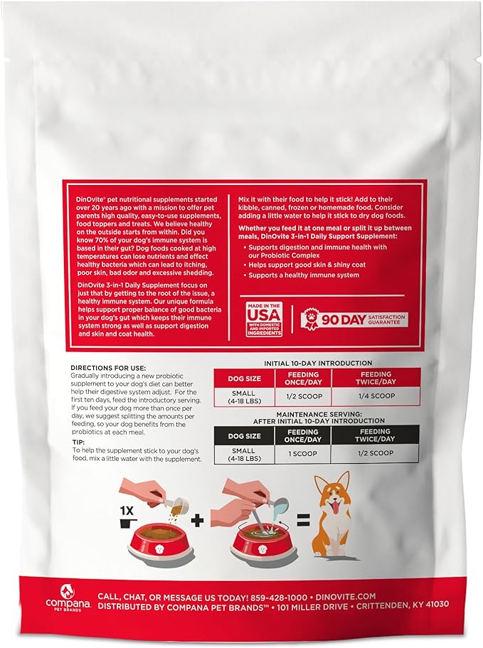Dinovite Probiotics for Dogs, Probiotic Powder Food Topper for Small Dogs (1-18 lb), Daily Digestive Health & Skin Support with Omega-3s, 90 Servings
