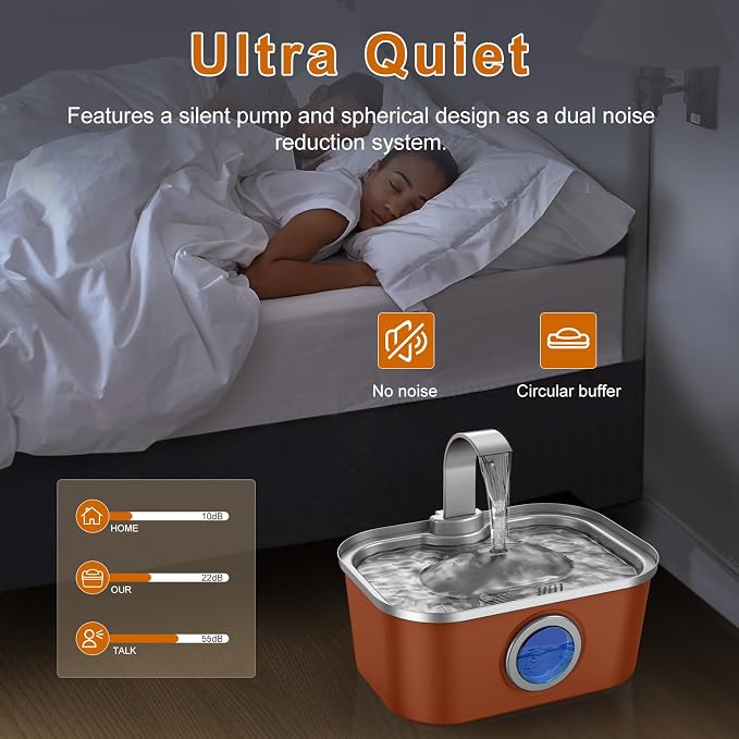 Bobo&Dragon Automatic Stainless Steel Water Fountain for Cat & Dog in Amber Orange 124oz/3.5L Quiet Faucet Flow Water Dispenser, Fresh Filtered Hydration, Easy Clean, Leak-Proof for Indoor Pets
