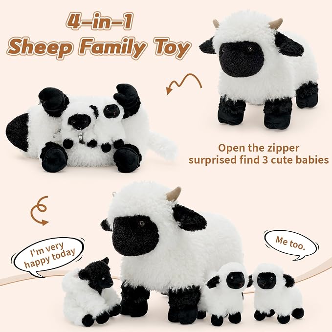 Tezituor 4Pcs Valais Blacknose Sheep Stuffed Animals Set, 18 Inch Large Mommy Stuffed Sheep Plush with 3 Cute Lamb Babies, Realistic Lamb Plushies Gift for Girls Boys Easter Birthday Decor