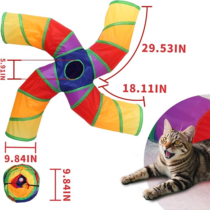 ‌Coolcandy Cat Tunnel & Interactive Cat Toy Indoor, Curved 4 Way Tunnel Toys for Indoor Cats, Collapsible Interactive Peekaboo Cave with Play Ball, for Multi-Way Play & Small Animals