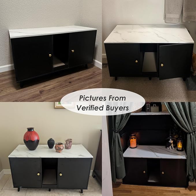 Litter Box Enclosure for Cats, Hidden Cat Litter Boxes Furniture with Cat Scratch Pad, Indoor Pet House with Double Room, Wooden TV Stand Side Table, Black