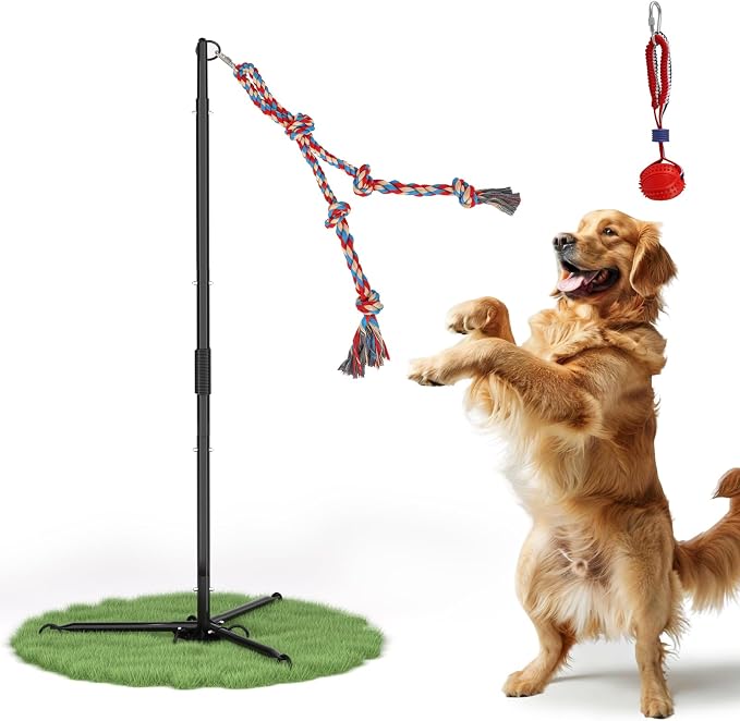 Outdoor Dog Tug Toy for Backyard, Dog Tether Toy, Adjustable Height Durable Spring Pole Dog Toy for Small Medium Dogs, Interactive Hands-Free Dog Exercise Toy with 2 Chew Rope Toys
