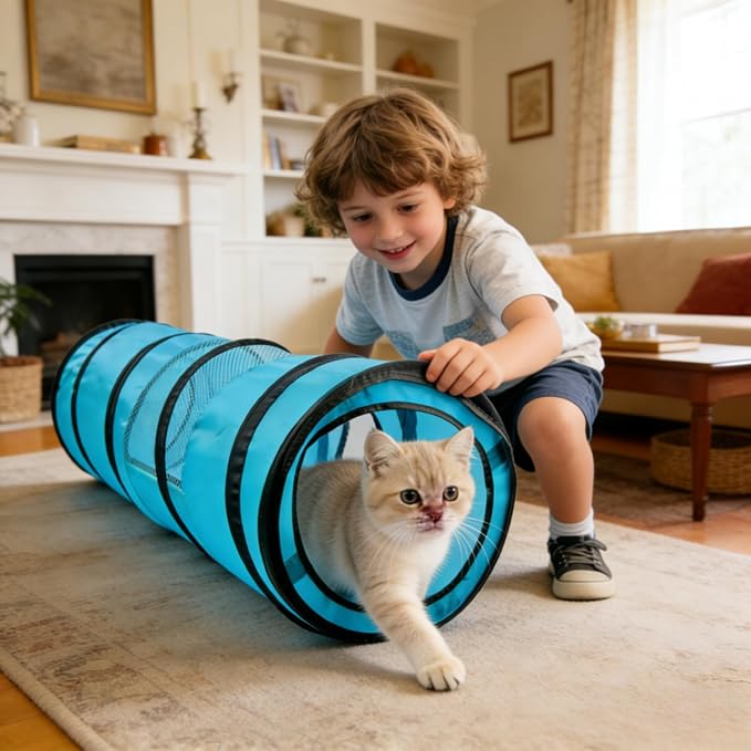PAWISE Cat Tunnel for Indoor Cats, Collapsible Interactive Cat Toy Tube with Peek Hole, Foldable Pet Play Tent for Kittens Rabbits Small Animals, 10.5x34.5 Inches