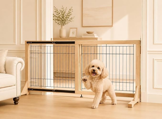 Extra Wide Freestanding Dog Gate, Adjustable Width 31.5"–61", 23.6" Tall Indoor Pet Gate for Kitchen, Living Room & Stairs, Wooden Metal Frame No-Drill Pet Barrier