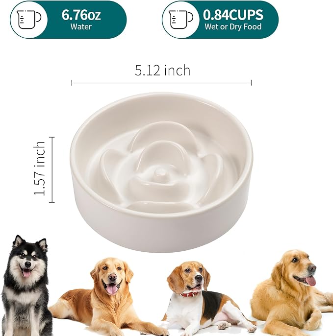 White Ceramic Slow Feeder Dog Bowl for Small and Medium Breeds,6.1 in Slow Feeding Bowl,Puzzle Cat Dog Food Bowl for Fast Eater,Maze Dish Puzzle Bowl for Small Dogs and Cats