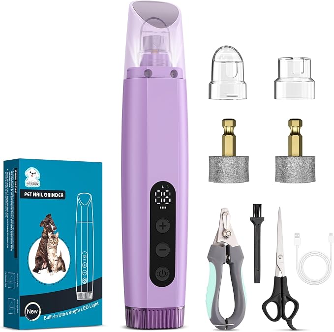 ATESON Dog Nail Grinder with LED Light, 6-Speed Quiet Electric Pet Nail Trimmers, Forward/Reverse, Powerful No-Stall Motor, 2000mAh Battery 8H Runtime, Dust Capture with Nail Clippers for Dogs & Cats