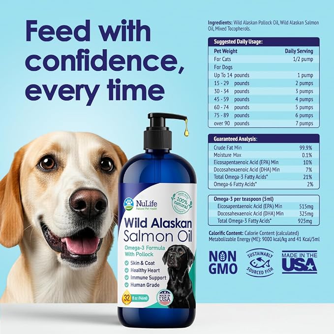 Pure Wild Alaskan Salmon Oil for Dogs - Omega 3 Formula - Dog Fish Oil Liquid - Skin and Coat Supplement for Shedding - Dry Itchy Skin and Allergies - EPA + DHA Fatty Acids - 32 oz Pump Bottle