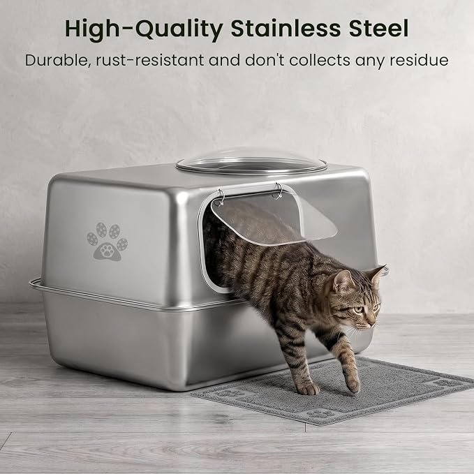 Ptlom Enclosed Stainless Steel Cat Litter Box with Lid, Extra Large Metal Litter Box, Leak-Proof High Sided Covered Litter Box for Kitties & Multi Cats, Non-Stick, Includes Litter Mat & Scoop