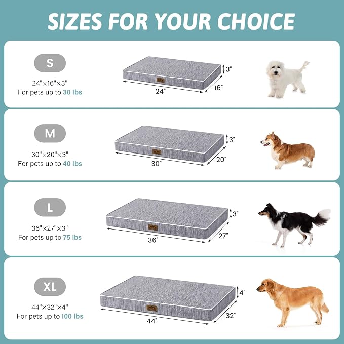 COZY KISS Large Cooling Orthopedic Dog Bed, Waterproof Egg Crate Foam Pet Bed with Removable Washable Cover, 44x32x4in,Dark Grey