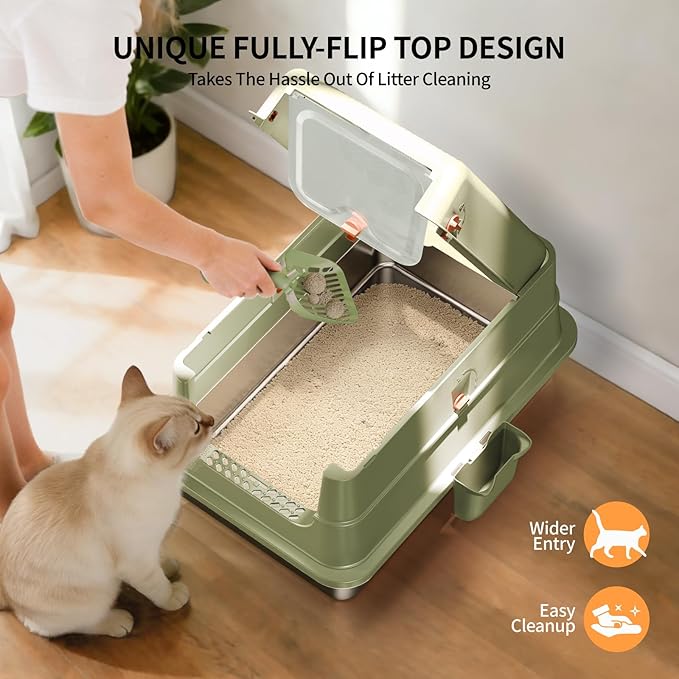 Stainless Steel Cat Litter Box with Lid, Extra Large Enclosed Metal Litter Pan with High Sides, Full Flip Cover Litter Box for Large Cat, Include Scoop & Step, Leak Proof Easy Clean Odor Control,Green