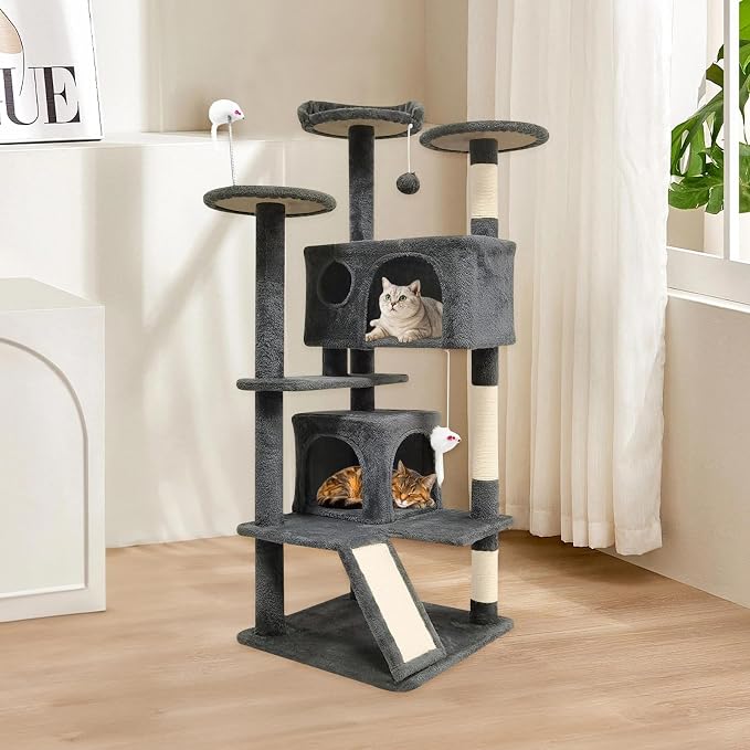 53-inch Cat Tree Tower for Indoor Cats,Cat Tree House Cat Furniture with Sisal Scratching Post,2 Cat Caves,Dangling Toys (Black)