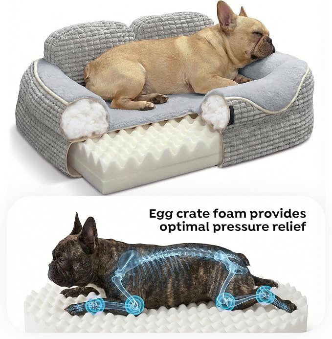 Veehoo Cute Small Dog Bed, Orthopedic Waterproof Pet Beds for Small Dogs, High Back Non-Slip Bottom and Egg-Crate Foam Puppy Couch Sofa with Washable Removable Cover Grey, 24"