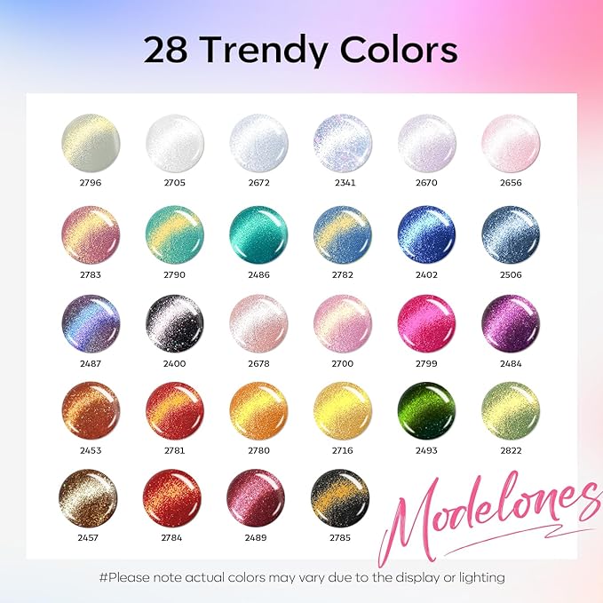 modelones 32 PCS Gel Nail Polish Set, 28 Colors Cat Eye Gel Polish with No Wipe Base Coat, Glitter & Glossy & Matte Top Coat Magnet Glitter Sparkle Off LED Nail Art Kit Salon at Home
