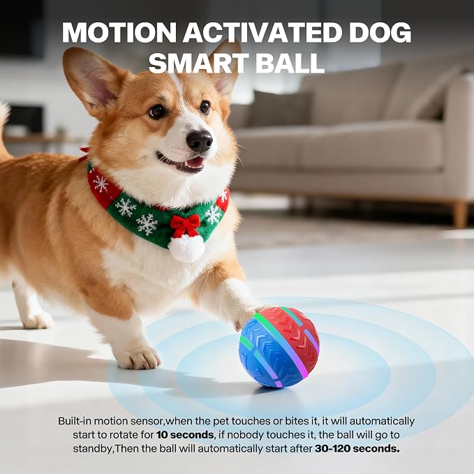 Pet Prime Interactive Dog Ball Toy Automatic Active Rolling Ball for Dogs Motion Activated with LED Light Rechargeable Self Moving Toy for Small Medium Large Dogs to Play Red/Blue