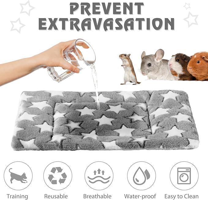 Haull 4 Pcs Waterproof Guinea Pig Bedding Soft Dog Cat Bed Crate Mat Small Animal Plush Cage Liners Rabbit Bunny Kennel Pad Reversible Cozy Pee Thickened Hamster Pad(Gray Star,13 x 18.5 Inch)