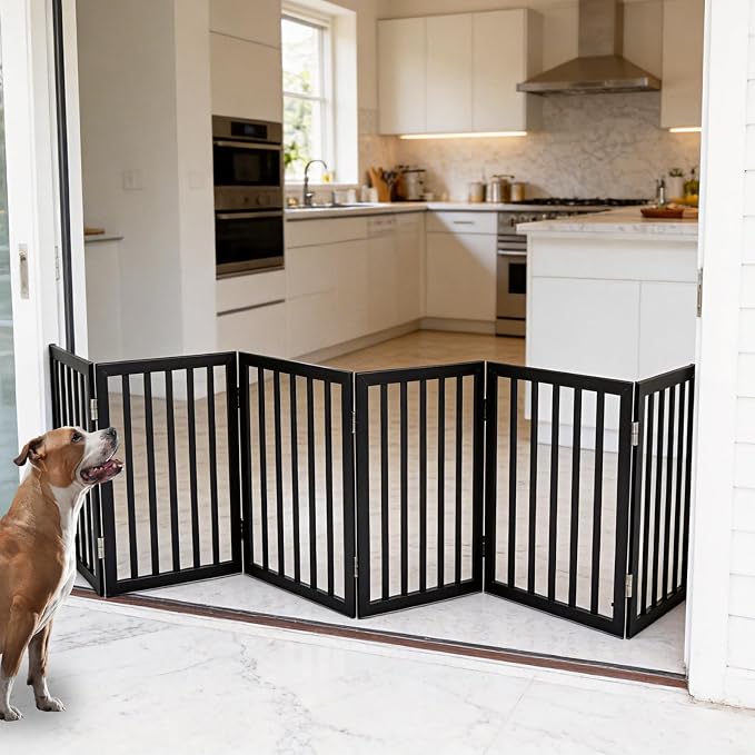 Dog Gate Indoor, Freestanding Dog Fence for The House, Doorways, Hallways,or Stairs,Pet Gate Foldable Wooden,Expandable 24" Height 6 Panels,Black