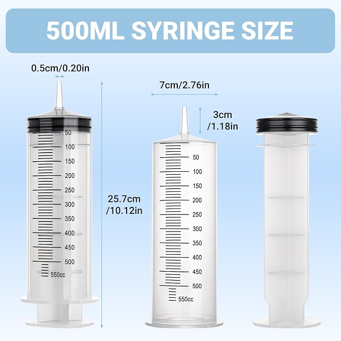 500ml Large Syringe, Plastic Syringe with Tip Adapter, for Thick Liquids for Scientific Labs, Measuring, Watering, Refilling, Filtration Multiple Uses, Individual Sealed