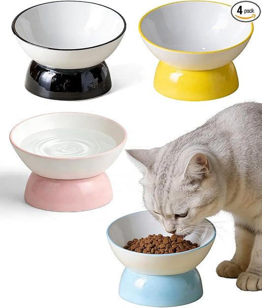 Ceramic Elevated Cats Bowls, 4Pc Extra Wide Raised Cats Bowls, Shallow Whisker Friendly Food & Water Dish, Anti Vomit, Microwave & Dishwasher Safe, 5 oz (Colorful 5.3 x 3.5'')