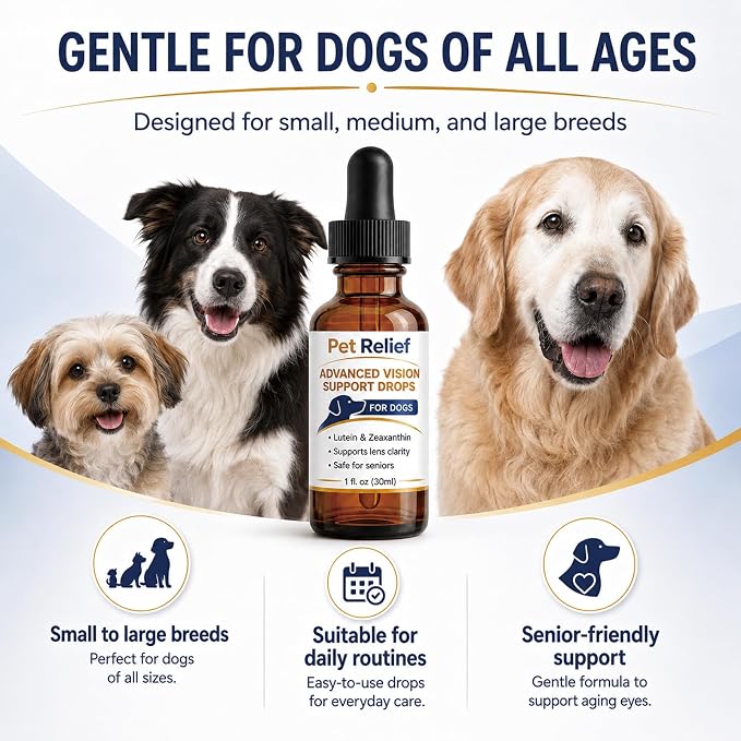 Pet Relief Advanced Vision, Gentle Daily Eye Support Drops for Dogs, Helps Maintain Clear & Comfortable Eyes, Clears Debris, Reduces Cloudiness, Easy Dropper Bottle