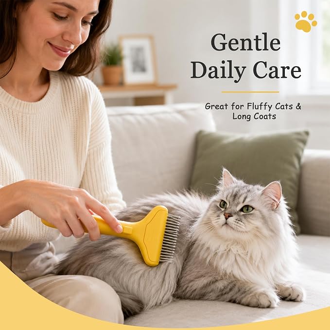 Dog Brush and Cat Deshedding Rake, Pet Grooming Tool for Shedding with Rounded Stainless Steel Teeth, Comfortable Grip for Long or Thick Coats (Style 2 Yellow)