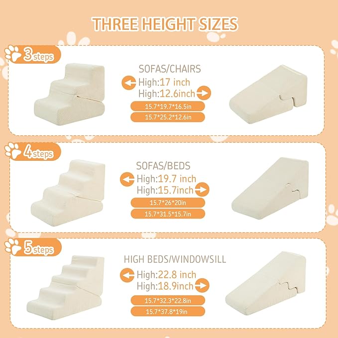 Dog Ramp for Bed, 16.5" H Dog Stairs for High Bed, 2 in 1 Pet Steps for Small Dogs, 3-Step Foldable Transformable Large Cats Ramp to Get on Couch, Non-Slip Balanced, Beige