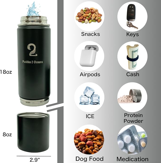Insulated Water Bottle & Snack Container - Stainless Steel Water Bottle with Storage Compartment, 3 Lid Types BPA Free, Leak & Spill Proof Travel Bottle for Kids & Adults - Snack and Drink Cup