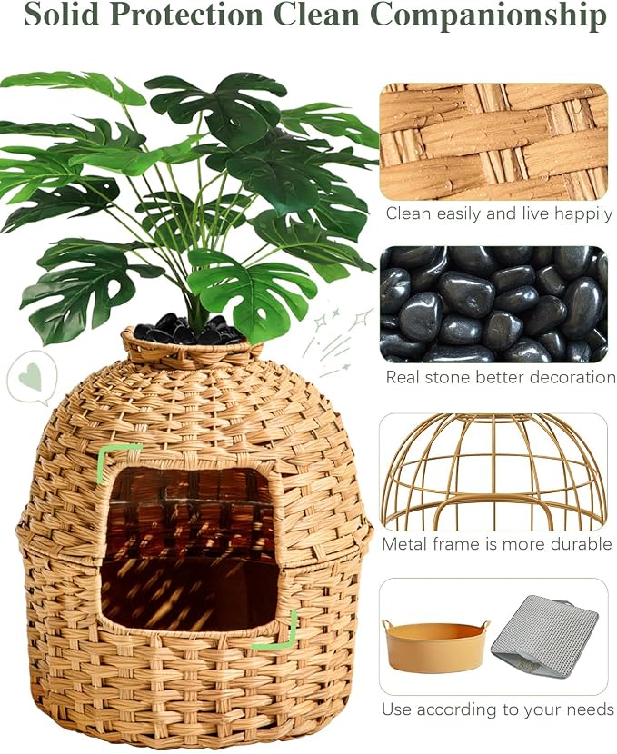 SETVSON Cat Litter Box Enclosure Plant Cat Litter Box Furniture with Artificial Plants, Large Hidden Handwoven Rattan with One Mat, Odor Control Filter, PVC Film, Real Stones, Stylish Decor, Natural